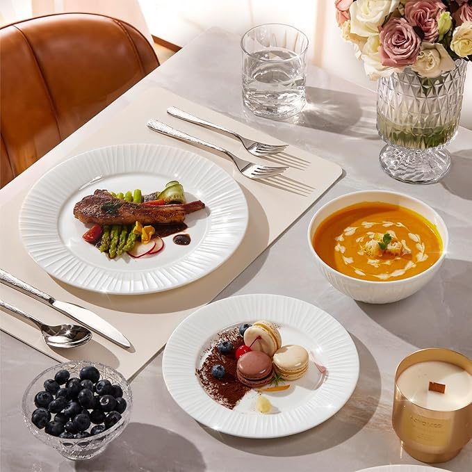 KINGSTONE Bone China Dinnerware Set, 12-Piece White Lightweight Porcelain with Textured Design Service for 4, Plates, Bowls, for Family Dining, Restaurants, Gifting竊똌icrowave and Dishwasher Safe