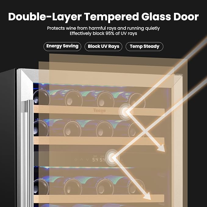 Yeego Wine Fridge Cooler - 24 Inch Dual Zone Wine Fridge Hold 52 Bottles, 40-65°F Wine Refrigerator Glass Door, Built in, Freestanding Under Counter Fridge for Beer Soda Drink Home Bar Office