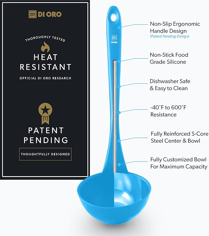 DI ORO Silicone Ladle ??Soup Ladle for Cooking & Serving Heat-Resistant - Large Kitchen Soup Ladle Nonstick Cookware Safe - Soup Serving Spoon with Wide Bowl - Silicone Utensil Dishwasher Safe (Blue)