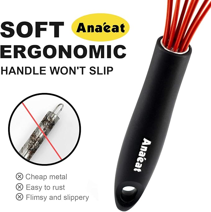 Anaeat Silicone Kitchen Whisk Set of 4, Perfect for Non-Stick Cookware, Milk and Egg Beater Blender for Whisking, Cooking, Baking, Beating - 11'' Flat Whisk and 9''+11''+12'' Balloon Whisks (Red)