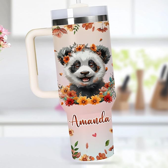 AGGLOMEKC Personalized Cute Panda Cup - Mother's Day Birthday Gift For Animal Lovers - Just A Girl Who Loves Panda Tumbler 40oz With Custom Name - Pet Lover Gifts For Women, Her
