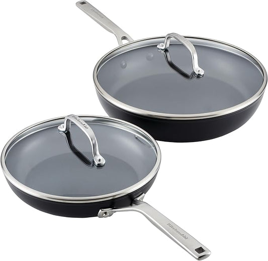 KitchenAid Hard Anodized Induction Nonstick Frying Pan Set With Tempered Lids, 4-Piece - 10 & 12 Inch ??Durable, Even Heating, Oven Safe to 500째F, Dishwasher Safe, Easy-Clean