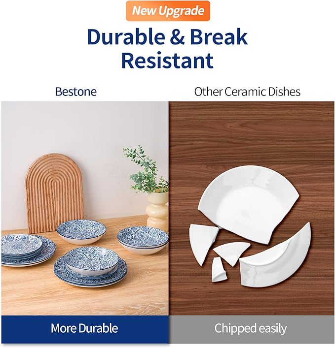 Bestone Porcelain Dinnerware Sets Service for 4, 12 pcs Hand drawn Plates and Bowls Sets, Handmade Ceramic Dish Set, Chip Resistant Modern Plate Set, Dishwasher/Microwave Safe竊똙intage Blue