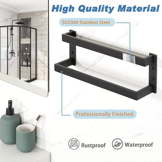 Alise Double Towel Bar, Matte Black Towel Racks for Bathroom Wall Mounted, Stainless Steel Bathroom Towel Holder, Modern Space Saving Towel Rod, 16"