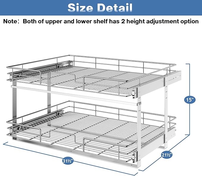 LOVMOR 2 Tier 31쩍"W x 21쩍"D, Individual Pull Organizer Kitchen Cabinet Storage Sliding Shelves