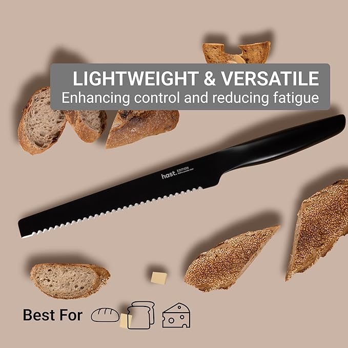 HAST Edition 8-Inch Serrated Bread Knife, Ultra-Sharp Professional Bread Slicing Knife, Advanced Powder Steel, Lightweight, Comfortable Ergonomic & Award-Winning Design (Titanium Black)