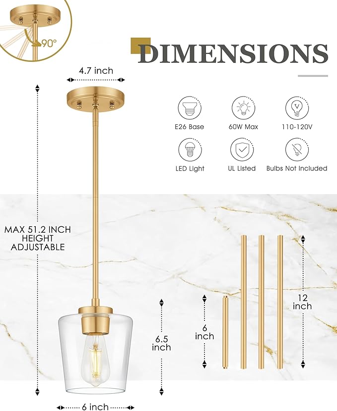 Pendant Lights Kitchen Island 2 Pack, 6" Brushed Gold Hanging Lights Fixtures with Clear Glass Shade, Modern Brass Kitchen Pendant Lighting Over Island for Dining Room, AD-22004-1P2-GD-C