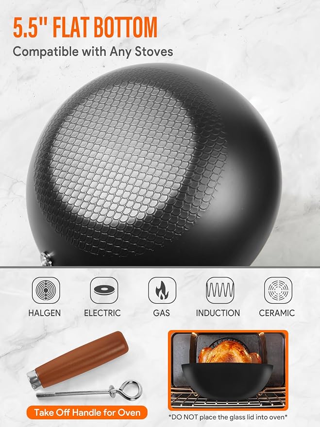 10.5-Inch Carbon Steel Wok ??Lightweight Flat-Bottom Stir-Fry Pan for 2?? Servings, Authentic Chinese Cooking, 2-Piece Set