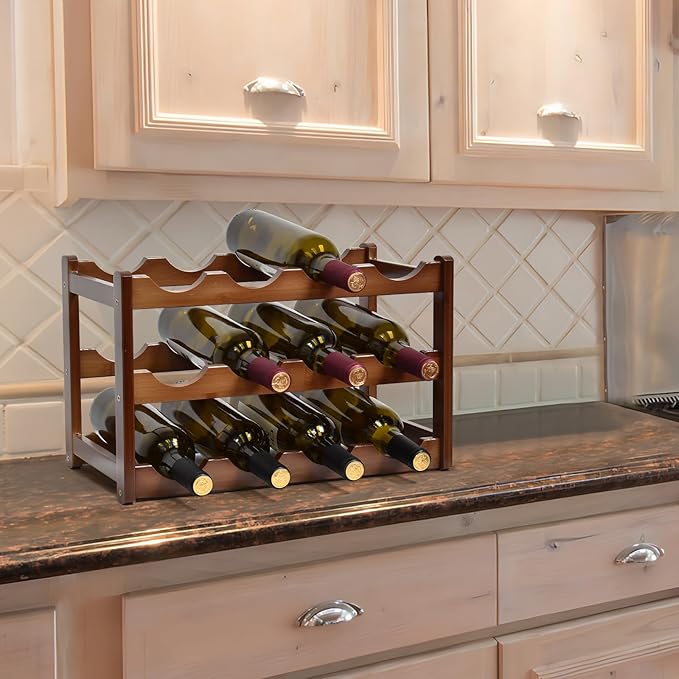 Wine Rack, 12 Bottles 3-Tier Free Standing Wine Racks, Wine Rack Countertop Holder Storage Shelf for Kitchen Cabinet Dining Room Bar (Brown)