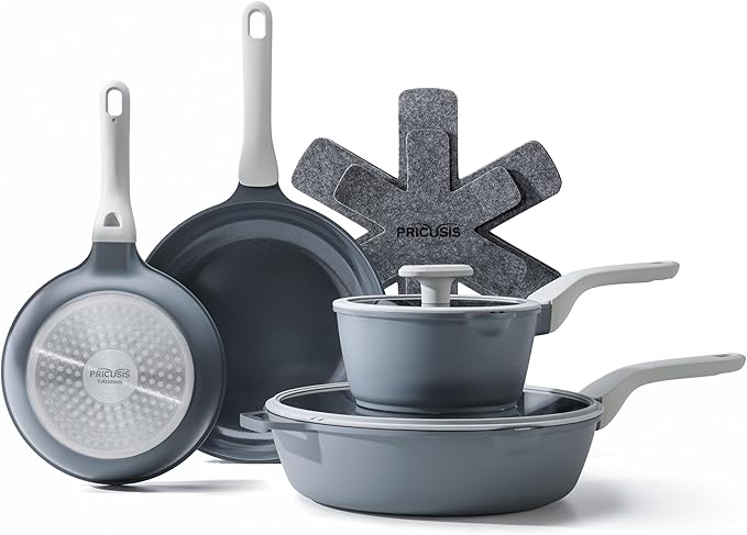 PRICUSIS Ceramic Nonstick Pots and Pans Set, 9 Pieces Non Toxic Induction Cookware Set, PTFE PFOA & PFAS Free, Dishwasher Safe, Stay Cool Handle, Gray