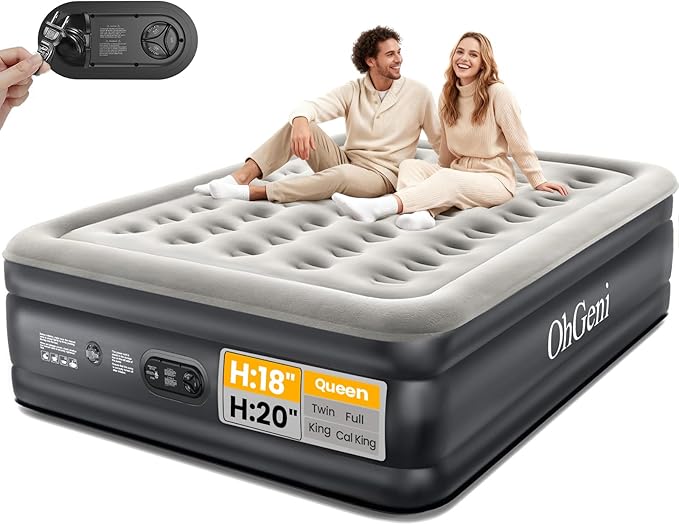 OhGeni Air Mattress Queen with Built in Pump, Inflatable Mattress Blow Up Mattress 18 Raised Comfort,Upgraded Surface Portable Bed, Air Bed for Home, Guest, Camping, Colchone Inflable, 650 lbs