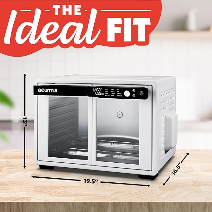 Gourmia French Door Air Fryer Oven - 37 Qt Large Capacity Convection Toaster Oven, FryForce 360°, Digital Display, 12 Cooking Presets, Dehydrate, Fits 13??Pizza, Dishwasher-Safe, White