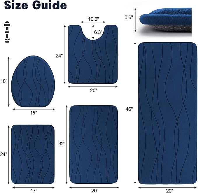 YIHOUSE Memory Foam Blue Bathroom Rug Sets 5 Piece, Ultra Absorbent Bath Mat for Bathroom - Non-Slip Machine Washable & Dry Quickly, 5 Piece Bathroom Mat Set, Navy Blue
