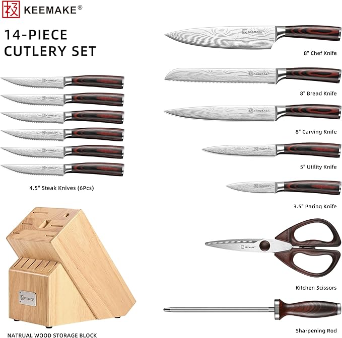 KEEMAKE Knife Block Set - 14 Piece Kitchen Knife Set with Block High Carbon Stainless Steel Ultra Sharp Chef Knife Sets Professional Kitchen Knives with Ergonomic Pakkawood Handle and Sharpener