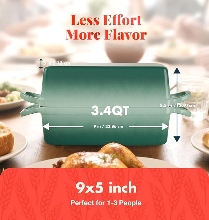 2 IN 1 Cast Iron Bread Loaf Pan with Lid, 3.4QT 9x5 Inch Dutch Oven for Bread Baking, Even Heating Bread Oven, Enameled Bread Pan for Homemade Sourdough Bread Baking & Versatile Cooking, Green
