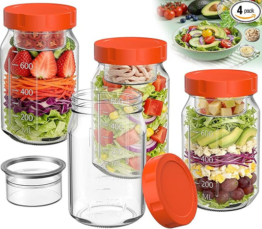 4Pack Glass Salad Jars with Lids, 32oz Salads Mason Jars with Wet/Dry Separation Cup, Meal Prep Salad Containers for Lunch, Leakproof Wide Mouth Food Storage Containers, BPA-Free Reusable (Orange)