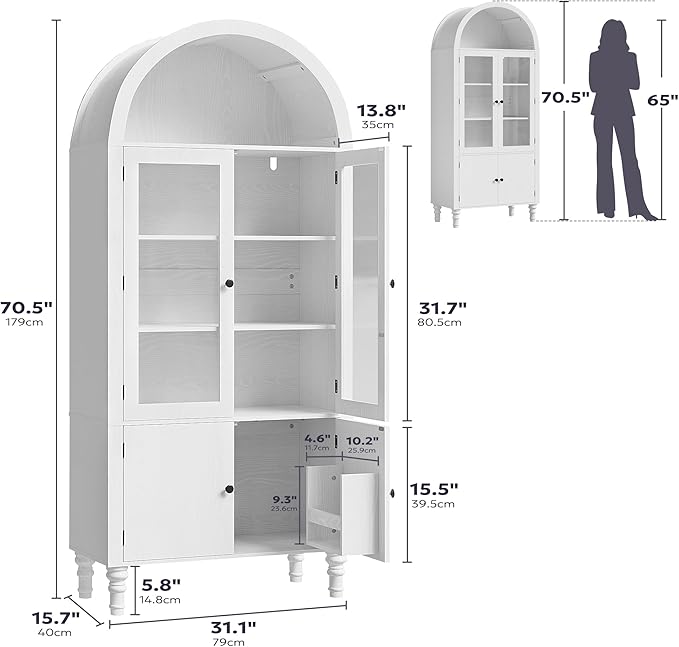 71" Tall Arched Pantry Cabinet, Modern Kitchen Storage Cabinet with Doors, 3 Adjustable Shelves, Door Shelves, Organizer, Versatile Cupboard for Kitchen, Bathroom, White