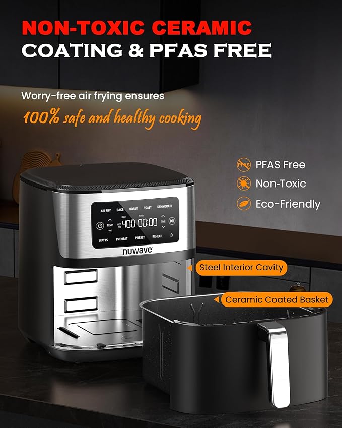 Nuwave Brio Plus 6-in-1 Air Fryer, 7-Qt Large Capacity, 50°F??00°F Precise Temp Control, Non-Toxic PFAS-Free Nonstick, Air Fry, Bake, Roast, Toast, Dehydrate, Reheat, 100 Presets, Dishwasher Safe