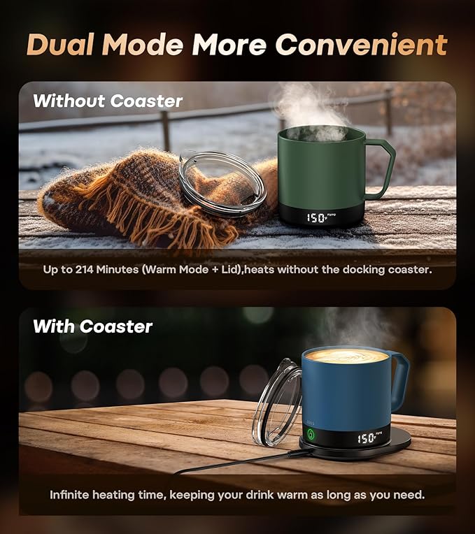 Heated Coffee Mug Rechargeable - Temperature Control Self Heating Coffee Mug 14oz with Lid, Double Sided & Real-Time LED Display, Hot up to 150?? Birthday Gifts for Women and Men(Blue)
