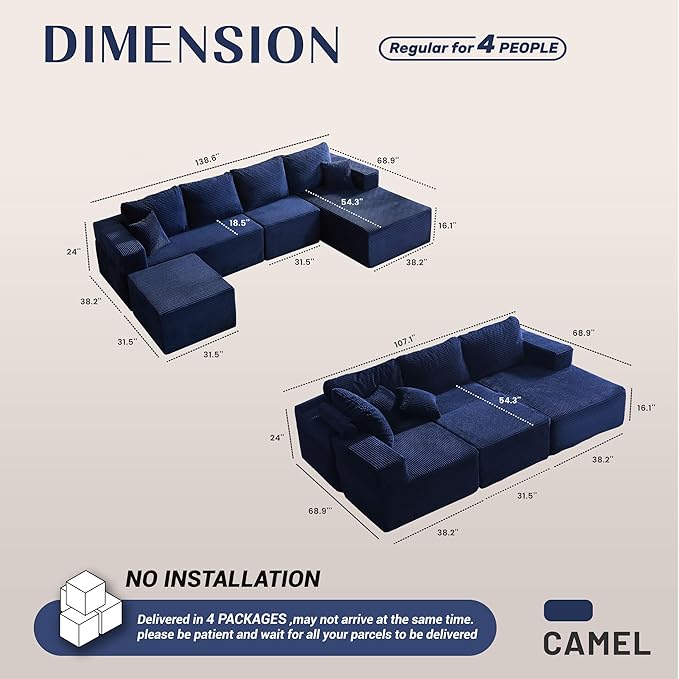 138" Boneless Couch with Deep Seat, Modular Sectional Sofa, Cloud Sectional Couch for Living Room, No Assembly Required, Corduroy, U-Shape 4 Seater Right, Blue