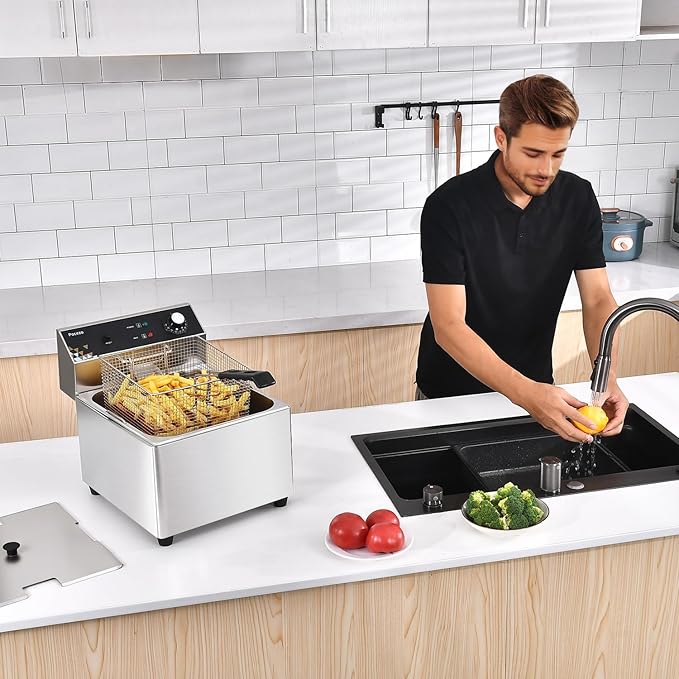 Deep Fryer with Basket, 1700w 19.7Qt Oil Tank/ 8.8Qt Basket, 0.6mm Thickened Stainless Steel Countertop Electric Fryer for Home and Commercial Use, Oil Fryer with Double Overheat Protection