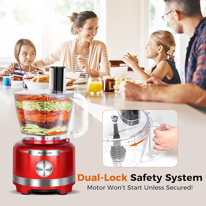 Homtone 16 Cup Food Processor Large, 9 Functions 7 Blades 3 Speeds for Shredding, Slicing, Making French Fries, Chopping Meat, Kneading Dough & Emulsifying, 600W (16 Cup-7 Blades)