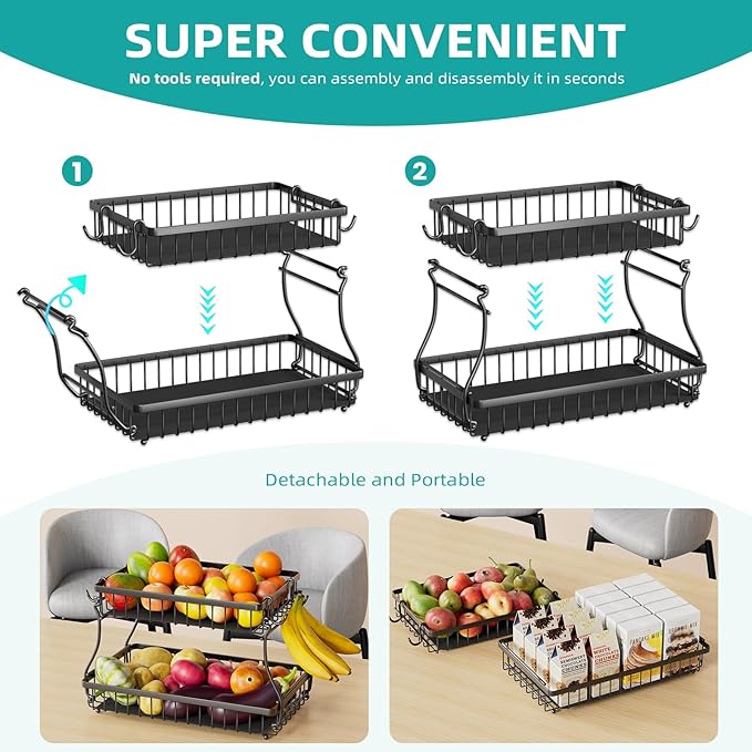 2 Tier Fruit Basket with 4 Banana Hangers, Improved Fruit Bowl for Kitchen Counter, Detachable Large Capacity Countertop Organizer Fruit Holder Stand for Vegetable Bread Snack Produce Storage