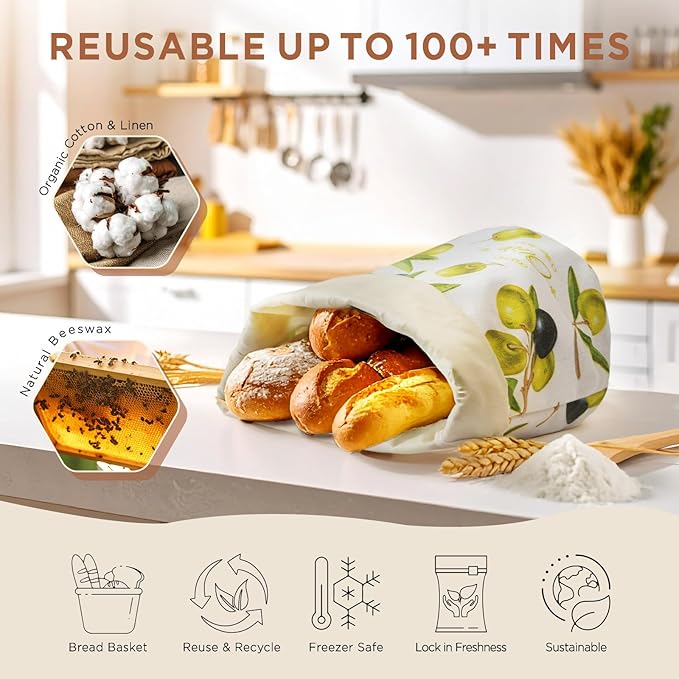 Reusable Beeswax Bread Bag for Homemade Sourdough, Natural Sourdough Bread Storage Bags, Keep Fresh, Bakery Essentials(Olive) | Breathable material, Freezer safe, Reusable, Durable, Extra-large