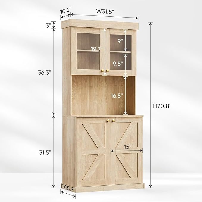 71" Farmhouse Kitchen Pantry Cabinet Set of 2, Tall Freestanding Storage Hutch with Glass Doors, Microwave Stand and Adjustable Shelves, Coffee Bar Cabinet for Kitchen or Living Room, Brown