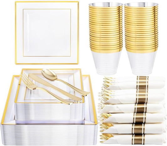 DaYammi 175 PCS Clear Gold Plastic Plates,Gold Plastic Dinnerware Sets,Includes: 25 Dinner Plates,25 Salad Plates,25 Pre Rolled Napkins with silverware,25 Cups 9 OZ, Perfect for Wedding and Party
