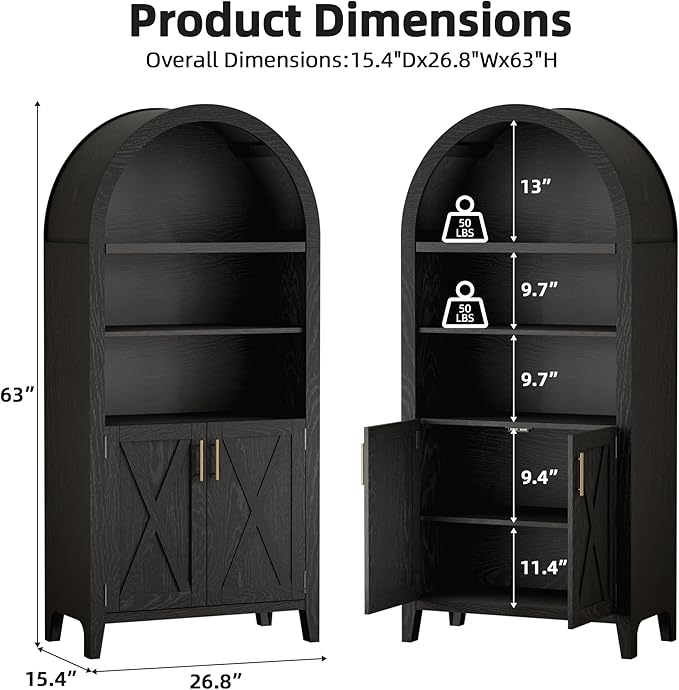 Arched Kitchen Pantry for, 63" Tall Wooden Entryway Storage Cabinet with 2 Doors & 5 Tier Adjustable Shelves, Versatile Farmhouse Hallway Organizer for Entryway, Bedroom, Dining Room