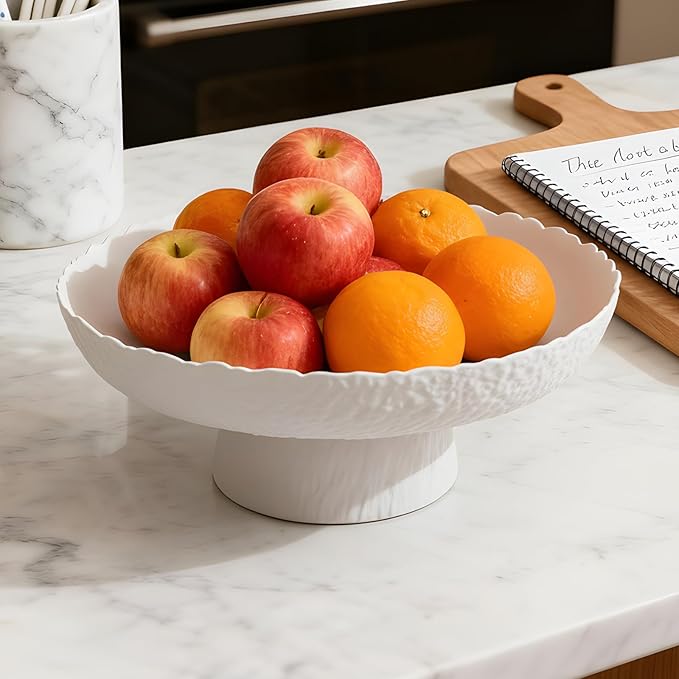 Large Glass Fruit Bowl for Kitchen Counter Decorative Centerpiece Bowl for Table Home D챕co, White Hammered