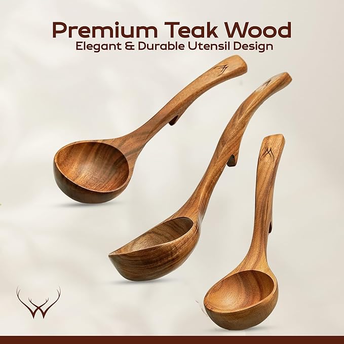 Wooden Ladle Set of 3 Sizes ??Teak Wood Soup Spoons with Hook Handles for Cooking, Serving, Stirring ??Non-Stick Wooden Spoons for Pot & Bowl Use