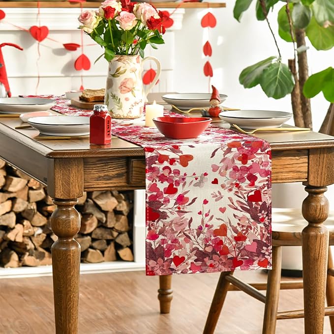 Artoid Mode Floral Red Love Heart Petals Valentine's Table Runner, Wedding Kitchen Dining Table Decoration for Home Party Decor 13x108 Inch