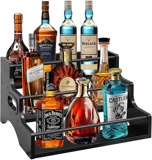 AT-VALY 3-Tier Liquor Bottle Display Shelf, Iron&MDF Countertop Wine Rack, Liquor Cabinet for Home Decor, Mini Bar(Black Grain)