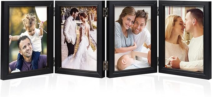 POILKMNI 4 Folding 5x7 Inch Hinged Picture Frame High Definition Natural Wood Picture Frame Rustic Desktop Acrylic Frame Family Photo Collage for Birthday Father's Day Christmas Family Lover Gift