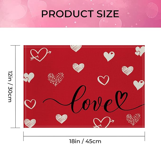 Valentine Placemats Set of 4, 12x18 Inch Love Hearts Table Mats, Seasonal Anniversary Holiday Valentines Day Table Decorations for Kitchen Dining Home Party Decor (Red)
