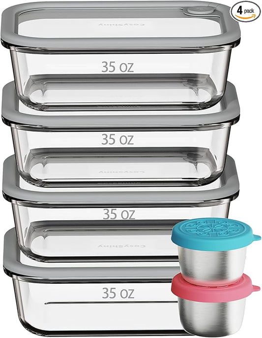 Glass Food Storage Containers with Silicone Glass Lids, 304 Stainless Steel Salad Dressing Containers, Microwave-safe LeakProof Food Containers Set, 100% Plastic Free-4-pack（Grey）