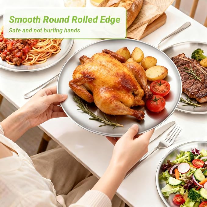 Stainless Steel Plates, 6 Pack 11.8 inch Large 201 Metal Food Serving Plate Set, Reusable Snack Eating Dishes Round Shatterproof Brushed Finish Dish Silver Dinner Lunch Oven Dishwasher Safe