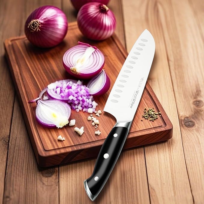 7 Inch Santoku Knife ??Razor Sharp German Steel Kitchen Knife for Chopping, Slicing & Mincing ??Hollow Edge Vegetable Knife with Full Tang & Ergonomic Handle ??Gift Box Included ??Velina Series