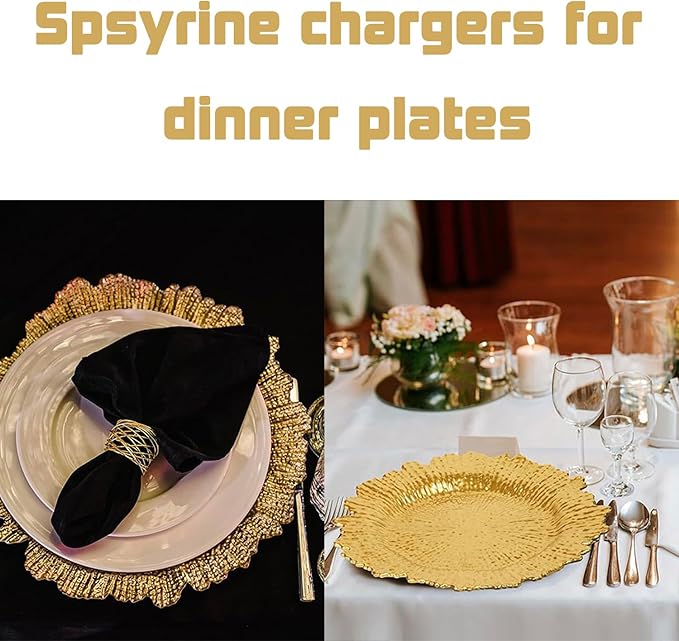 MDH 12 Pcs Gold Charger Plate 13 in Round Matte Reef Plate Charger Ruffled Rim Dinner Charger Hollow out Flower Holde (12)