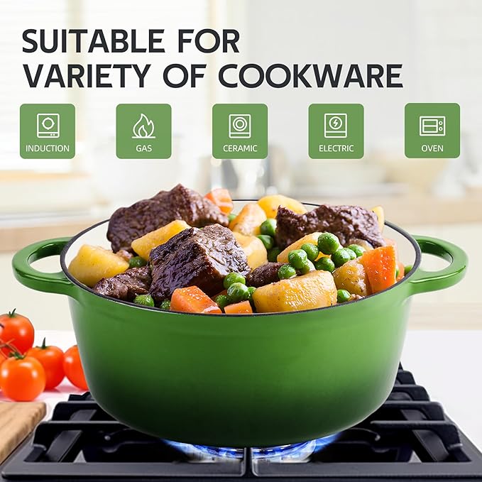 4.5 Quart Dutch Oven Enameled Cast Iron with Lid - Big Dual Handles - Oven Safe up to 500째F - Classic Round Pot for Versatile Cooking Green