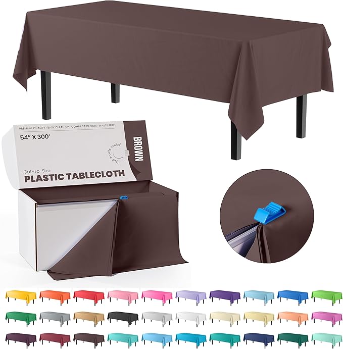 Party Solids 54 Inch X 300 Feet Brown Plastic Table Cover Roll in A Cut - to - Size Box with Convenient Slide Cutter. Cuts Up to 36 Rectangle 8 Feet Plastic Disposable Tablecloths