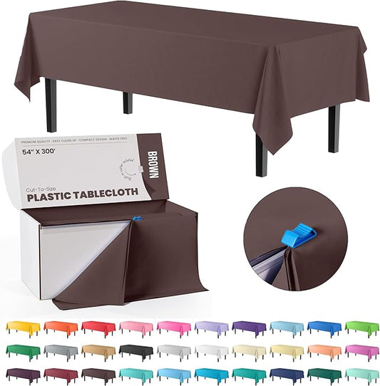 Party Solids 54 Inch X 300 Feet Brown Plastic Table Cover Roll in A Cut - to - Size Box with Convenient Slide Cutter. Cuts Up to 36 Rectangle 8 Feet Plastic Disposable Tablecloths