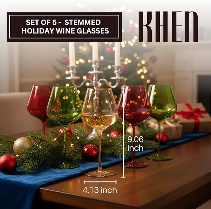 Khen Festive & Holiday Colored Wine Glasses Set of 5 In Luxurious Gift Box ??20oz Stemmed Goblets, Thanksgiving Dinner, Entertaining ??Wedding Red, Green & Gold Glassware for Party Celebrations