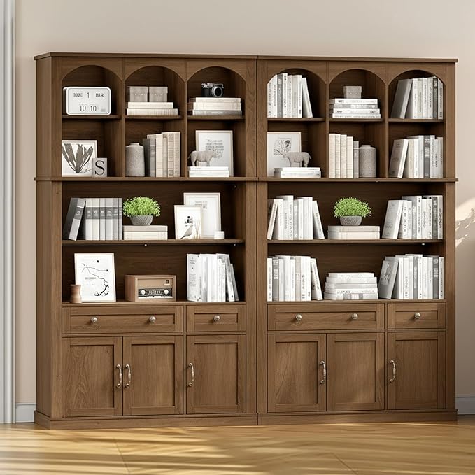 73.2" Tall Farmhouse Arched Bookshelf with Drawer and Door, Set of 2, 6 Tier Mid Century Modern Book Shelf and Bookcase with Storage, Floor Standing Display Cabinet for Home Office, Walnut