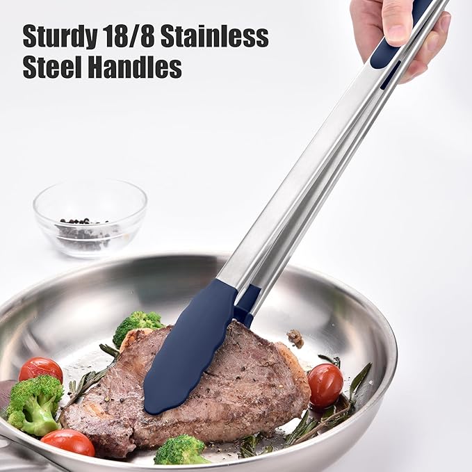 Doosu Kitchen Tongs for Cooking - 600째F Heat Resistant Food Tong with Non-Scratch Silicone Tips, Heavy Duty Stainless Steel Locking Tong for BBQ, Grilling Steak, Serving Salad Pasta (16in, Navy Blue)