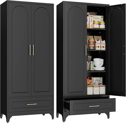 Metal Storage Cabinet with Drawers,75Inch Black Pantry Cabinets for Kitchen Storage with 3 Adjustable Shelves,Tall Kitchen Pantry Cabinet for Living Room, Dining Room竊똎ffice