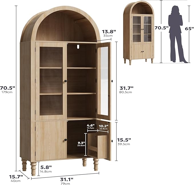 71" Tall Arched Pantry Cabinet, Modern Kitchen Storage Cabinet with Doors, 3 Adjustable Shelves, Door Shelves, Organizer, Versatile Cupboard for Kitchen, Bathroom, Natural