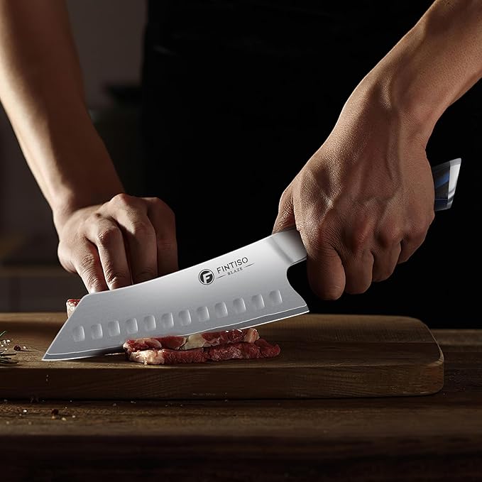 FINTISO 7 Inch Santoku Knife, Ultra Sharp Chef Knife with G10 Handle, High-End 5 Layers 10Cr15CoMoV Japanese Stainless Steel Kitchen Knife, Professional Cutting Knife for Vegetables and Meat